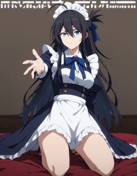 score_9,score_8_up,score_7_up,simple background,(magazine cover:1.2),maid,maid headdress,bedroom,kneeling,
<lora:gutu_pony:0.6>,gutu,1girl,solo,blue eyes,ahoge,long hair,black hair,braid,bangs,hair between eyes,feathers,anime screencap,medium breasts,thighs,reaching_out,<lora:magazine-cover-ponyxl-lora-nochekaiser:1>,<lora:Anime_Screencap:1>,