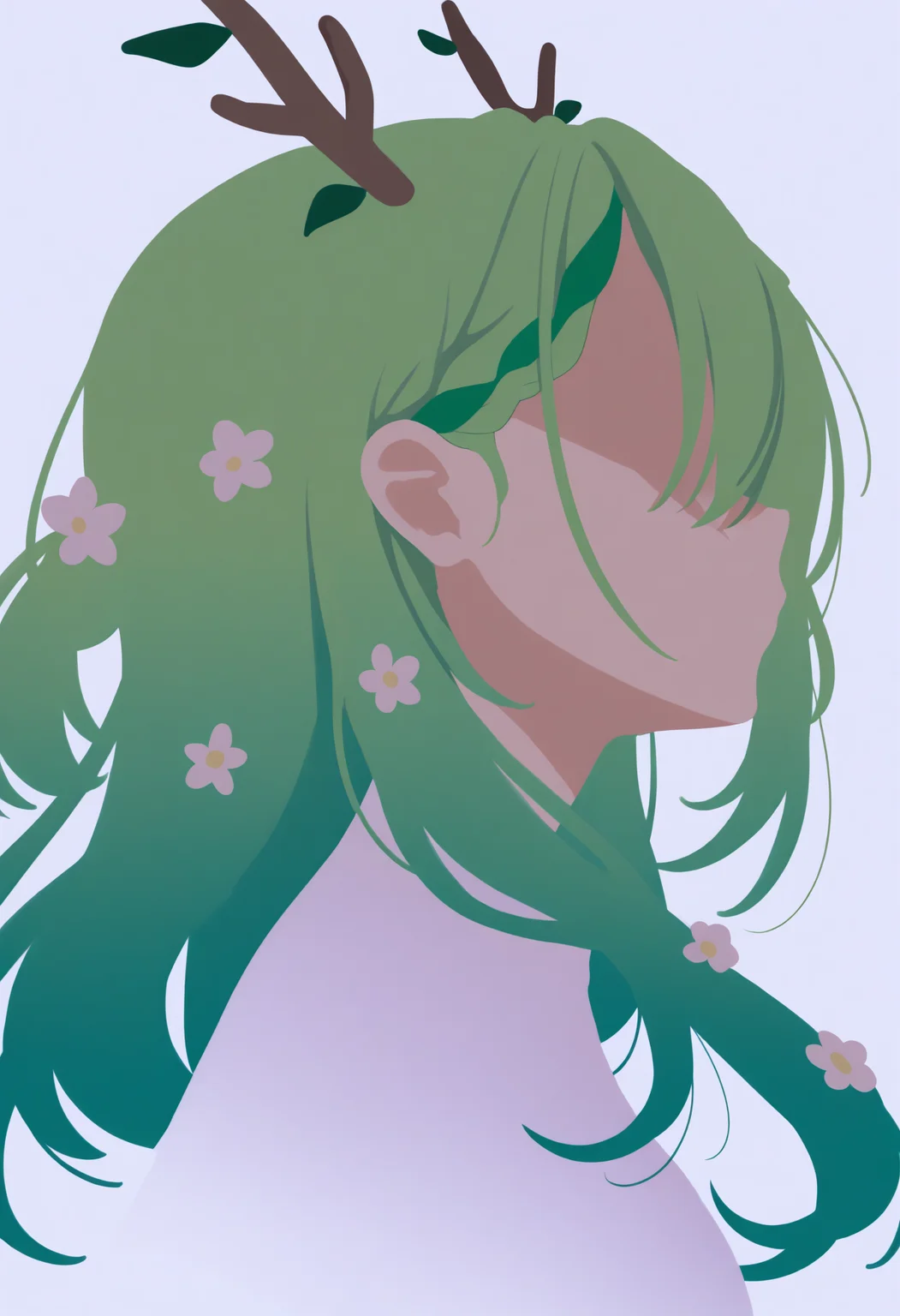 masterpiece, best quality, 1girl, solo, C3resF4una, green hair, antlers, long hair, braided bangs, hair flowers, vector art, simple background, no lineart, silhouette, portrait, no eyes, from side, <lora:ChamCeresFaunaNoob:1>