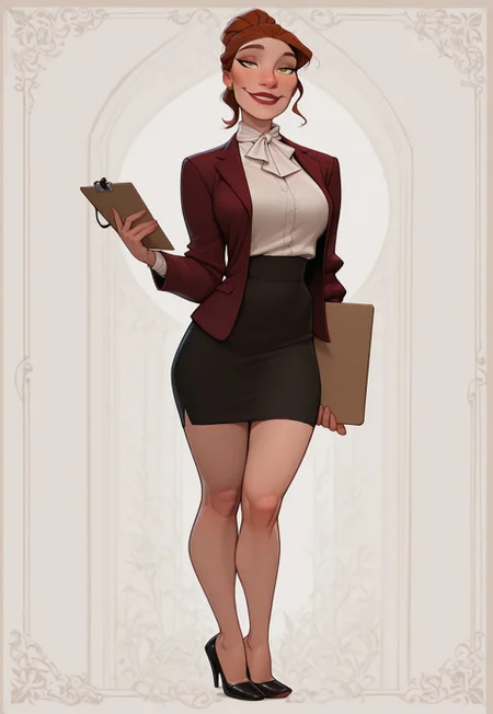 masterpiece, best quality, amazing quality, very aesthetic, DISNEY_ANIMATION, incoth, (incase:0.6),
tall female, toned body, Irish, full body freckles, late 20s, auburn hair, high ponytail, emerald eyes, high cheekbones, soft facial features, full lips, confident expression, smile, elegant, commanding presence. female office worker, white blouse, burgundy blazer, pencil skirt, red lipstick, sharp eyeliner, gold accessories, pen, clipboard, confident woman, stylish heels, strict but elegant, serene expression, organized woman, professional.