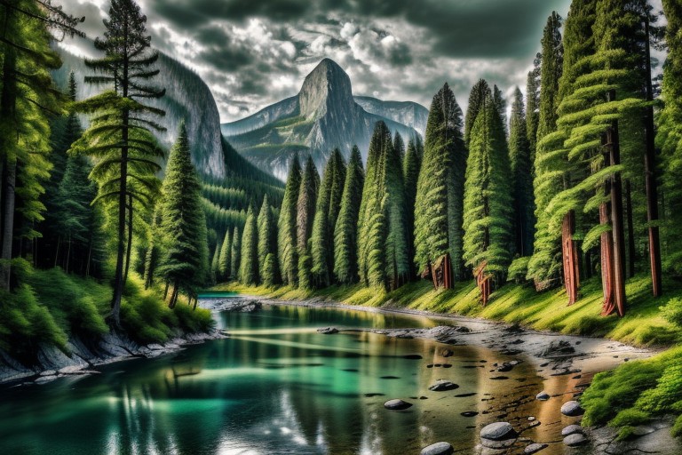 ultra-realistic image with high resolution and stable focus, correct and accurate anatomy, correct and accurate objects, perfect detail, ultra-realism, photo realism, 2D, 2D concept art, (((no humans, no animals, no man made structures))), ((anime, anime style))
BREAK
natural landscape, sea, mountain, forest, river mouth, river flow into the sea, estuary, rock formations, coast, beach, shore
BREAK
Mountain, forest, pine forest, pine trees, trees, rocks, small trees, river, large river, redwood forest, redwood trees