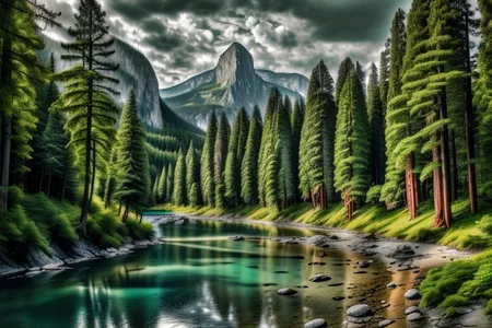 ultra-realistic image with high resolution and stable focus, correct and accurate anatomy, correct and accurate objects, perfect detail, ultra-realism, photo realism, 2D, 2D concept art, (((no humans, no animals, no man made structures))), ((anime, anime style))
BREAK
natural landscape, sea, mountain, forest, river mouth, river flow into the sea, estuary, rock formations, coast, beach, shore
BREAK
Mountain, forest, pine forest, pine trees, trees, rocks, small trees, river, large river, redwood forest, redwood trees