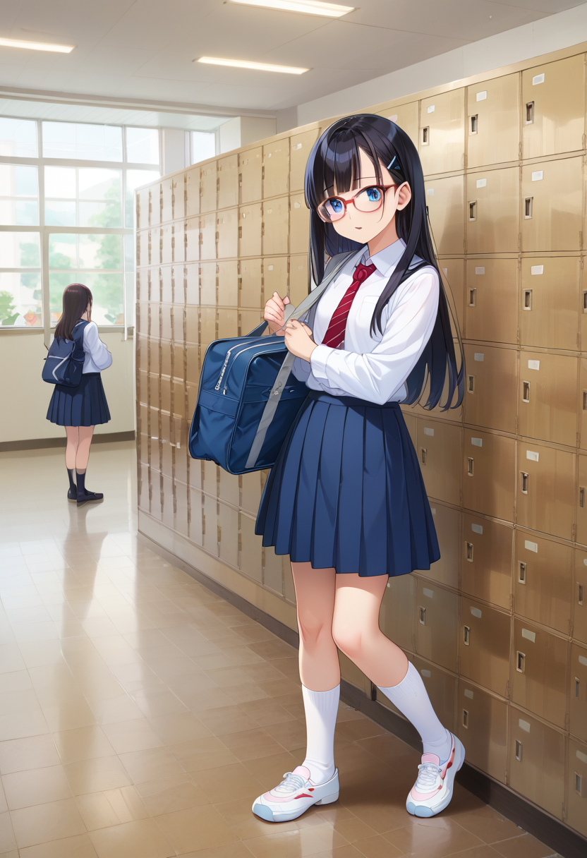 score_9, score_8_up, score_7_up, rating_safe, masterpiece, best quality, absurdres, unity 8k wallpaper, official art, official style, source_anime, uncensored, game cg, megami magazine,
multiple girls, glasses, black hair, long hair, blue eyes, collared shirt, red necktie, pleated skirt, blue skirt, socks, shoes, school bag,
getabako, locker, indoors, school, 
 <lora:gakkou_getabako_PONY_V1:1>