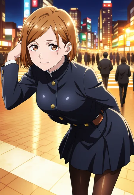 masterpiece, best quality,  absurdres, highres, 1girl,  <lora:anime_screencap:1>, anime screencap, anime coloring, 2d, kugisaki nobara, short hair, brown hair, jujutsu tech uniform, black jacket, black skirt, brown pantyhose, brown eyes, depth of field, city, shibuya \(tokyo\), crosswalk, outdoors, real world location, street, shibuya scramble crossing, tokyo \(city\), people, blurry background, looking at viewer, smile, standing, city lights, shiny clothes, traffic light, reflection, safe, general, cowboy shot, adjusting hair, from above, leaning forward