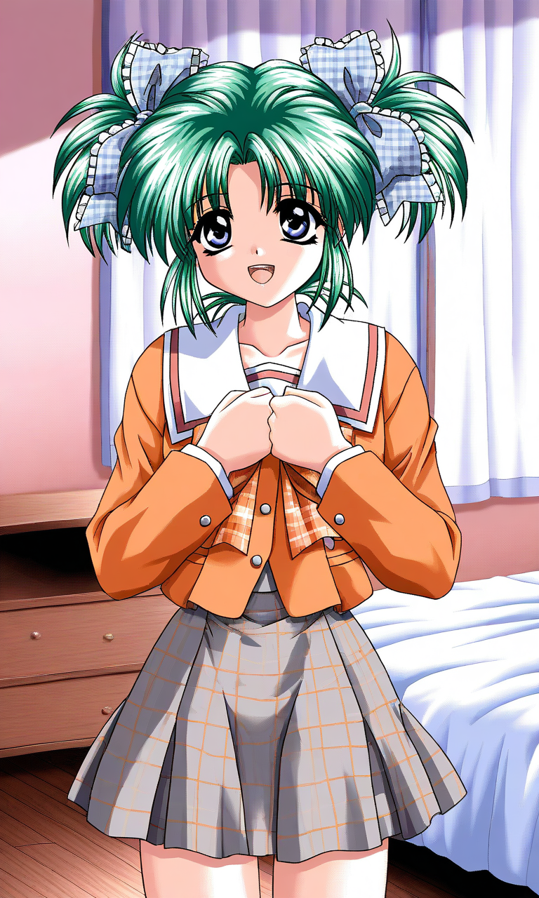 general,highres, ultra-detailed,very aesthetic,best quality ,best hands, BREAK <lora:Minase_Ruka_Akumu_AoiKajitsunoSange_IS:1>
Minase_Ruka, 1girl, solo, green hair, short twintails, blue eyes, hair ribbon, blue plaid ribbon,
open mouth, short, light smile, orange school uniform, ribbon, 
white+gray skirt, outdoors,hands on own chest,, check skirt, plaid bow, long sleeves, serafuku, bed room, sheet, bed,