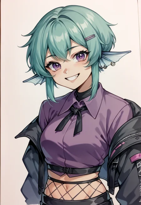 score_9, score_8_up, score_7_up, source_anime, 1girl, solo, finana3st, purple shirt, hairclip, black gloves, fingerless gloves, black jacket, midriff, black pants, fishnets, earrings, simple background,traditional art,lineart, smile, <lora:spfinanaRyuguXLPony:1>, <lora:Traditional_art_v4_USENEG:-0.9>