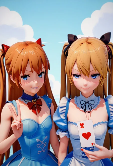 score_9, score_8_up, score_7_up, 2girls, alice in wonderland style, Asuka Langley, blue dress, detached collar, Queen of Hearts, holding card, smug grin, 3d \(artwork\), ami arakawa
