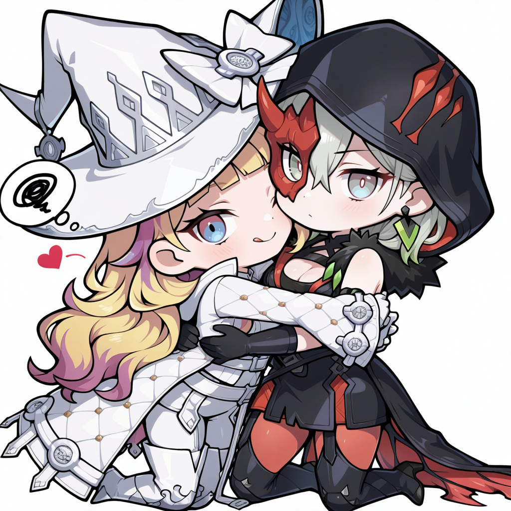 2girls,heart,one eye closed,tongue out,chibi,thought bubble,squiggle,looking at viewer,white background,transparent background,simple background,smile,licking lips,hug,hood up,closed mouth,yuri,black dress,black hood,black thigh boots,diabellstar the black witch,diabellze the original sinkeeper,green earrings,red mask,red pantyhose,single black detached sleeve,single black glove,single black wing,white bodysuit,white coat,white thigh boots,white witch hat,
masterpiece,best quality,amazing quality,very aesthetic,absurdres,newest,<lora:diabellstar the black witch and original sinkeeper illuXL v1.2:0.8>,
