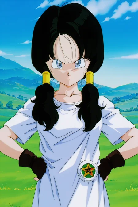 anime screencap, masterpiece, best quality, amazing quality, very aesthetic, absurdres, newest, (scenery, volumetric lighting), official style,
videl, costume 1, 1990s \(style\), anime coloring, retro artstyle, 1girl, solo, black hair, twintails, long hair, hair tubes, v-shaped eyebrows, blue eyes, eyelashes, white long shirt, short sleeves, badge, symbol, brown gloves, fingerless gloves, outdoors, day, grass, hands on hips, closed mouth, serious, focused, mountainous horizon, looking at viewer, upper body, collarbone
<lora:Videl_IL_v2:0.8>