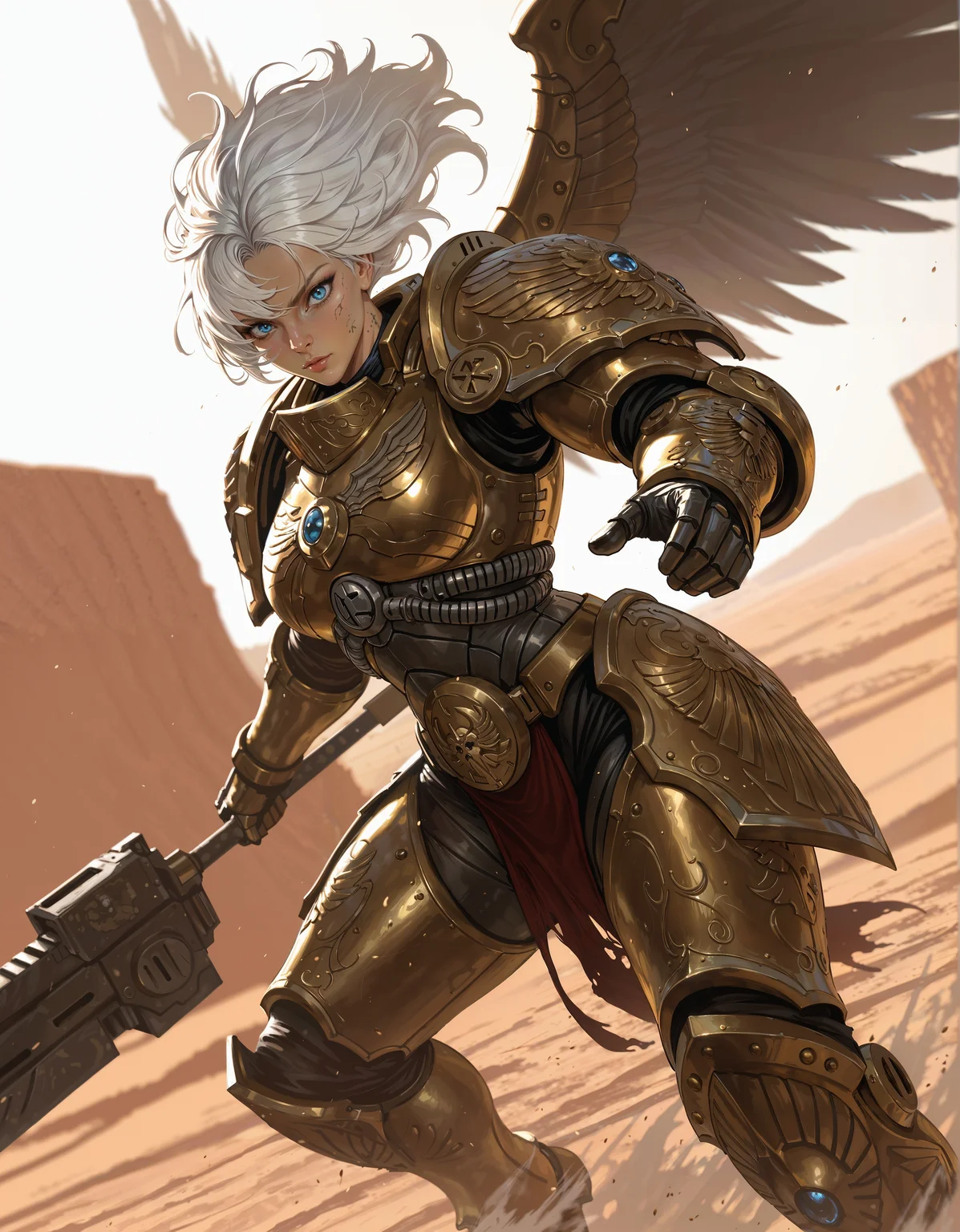 masterpiece, best quality,high quality, newest, highres,8K,HDR,absurdres, dynamic angle, realistic, 1girl, iLLCustodes40k, power armor, golden armor, weapon, wings, solo, shoulder armor, blue eyes, pauldrons, white hair, looking at viewer, power armor, dusty battlefield, limited palette, intense expression, dynamic pose, dramatic lighting, strong depth of field, wind-blown hair, torn fabric, desert landscape, gritty realism, cinematic shot, dutch angle, foreshortening, blurred background, dust particles., detailed background, dynamic pose, dynamic composition,dutch angle, detailed <lora:iLLCustodes40k:1>