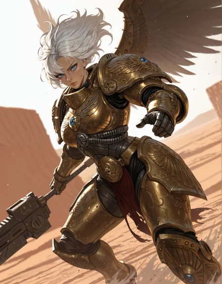 masterpiece, best quality,high quality, newest, highres,8K,HDR,absurdres, dynamic angle, realistic, 1girl, iLLCustodes40k, power armor, golden armor, weapon, wings, solo, shoulder armor, blue eyes, pauldrons, white hair, looking at viewer, power armor, dusty battlefield, limited palette, intense expression, dynamic pose, dramatic lighting, strong depth of field, wind-blown hair, torn fabric, desert landscape, gritty realism, cinematic shot, dutch angle, foreshortening, blurred background, dust particles., detailed background, dynamic pose, dynamic composition,dutch angle, detailed <lora:iLLCustodes40k:1>