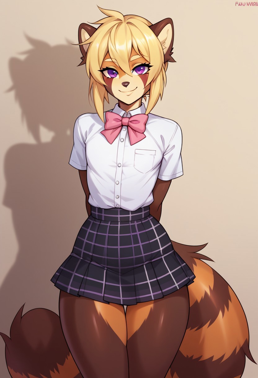 drawpanther_style,score_8_up, score_7_up, solo, foxacuwaku, red panda,1boy, femboy, long blonde hair, purple eyes, slim waist, wide hips, multicolored skin, brown tail, yellow face, BREAK,cute, sunny day, white shirt, pink bow tie, black plaid skirt, looking at the viewer, hands behind his back, wide smile,peech bubble above his head saying ''AcuWacu you are the best!''