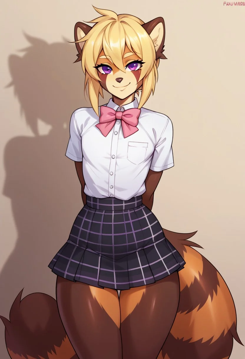 drawpanther_style,score_8_up, score_7_up, solo, foxacuwaku, red panda,1boy, femboy, long blonde hair, purple eyes, slim waist, wide hips, multicolored skin, brown tail, yellow face, BREAK,cute, sunny day, white shirt, pink bow tie, black plaid skirt, looking at the viewer, hands behind his back, wide smile,peech bubble above his head saying ''AcuWacu you are the best!''