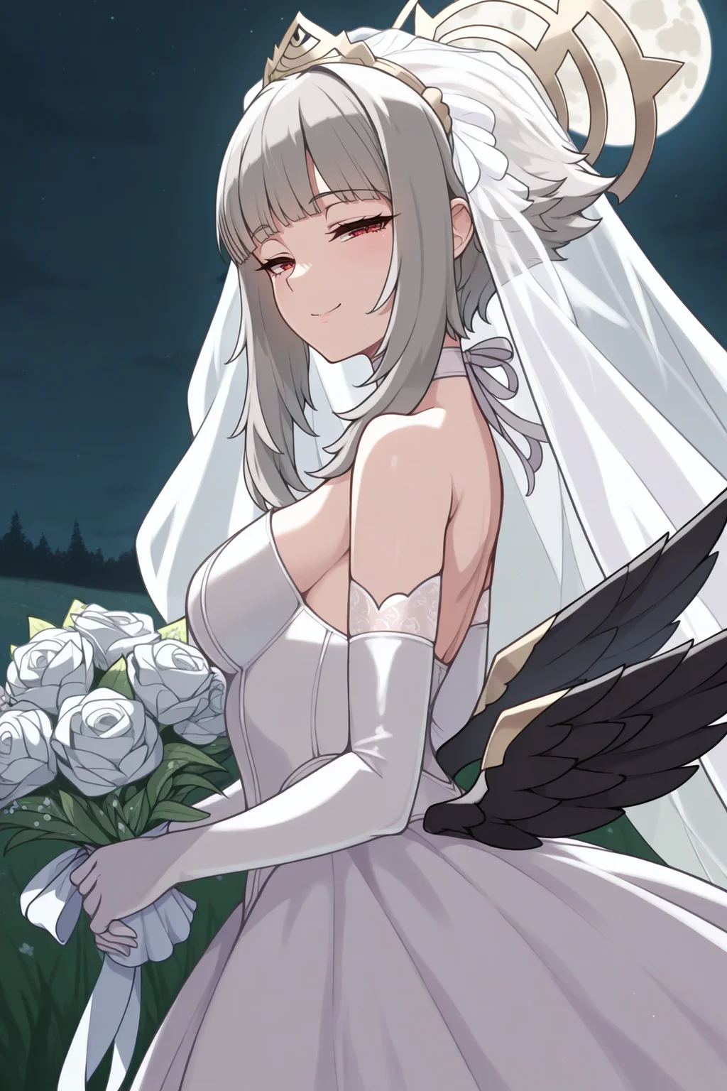 masterpiece, best quality, 1girl, <lora:feveronica-illu-nvwls-v1_1-000006:1> lgnver, grey hair, short hair with long locks, blunt bangs, red eyes, medium breasts, black wings, wedding dress, elbow gloves, white choker, looking at viewer, smile, half-closed eyes, field, holding bouquet, night sky, moon, from side, bridal veil