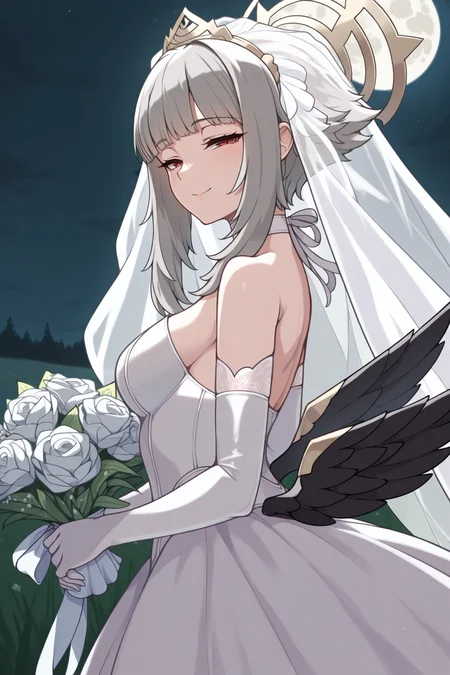 masterpiece, best quality, 1girl, <lora:feveronica-illu-nvwls-v1_1-000006:1> lgnver, grey hair, short hair with long locks, blunt bangs, red eyes, medium breasts, black wings, wedding dress, elbow gloves, white choker, looking at viewer, smile, half-closed eyes, field, holding bouquet, night sky, moon, from side, bridal veil