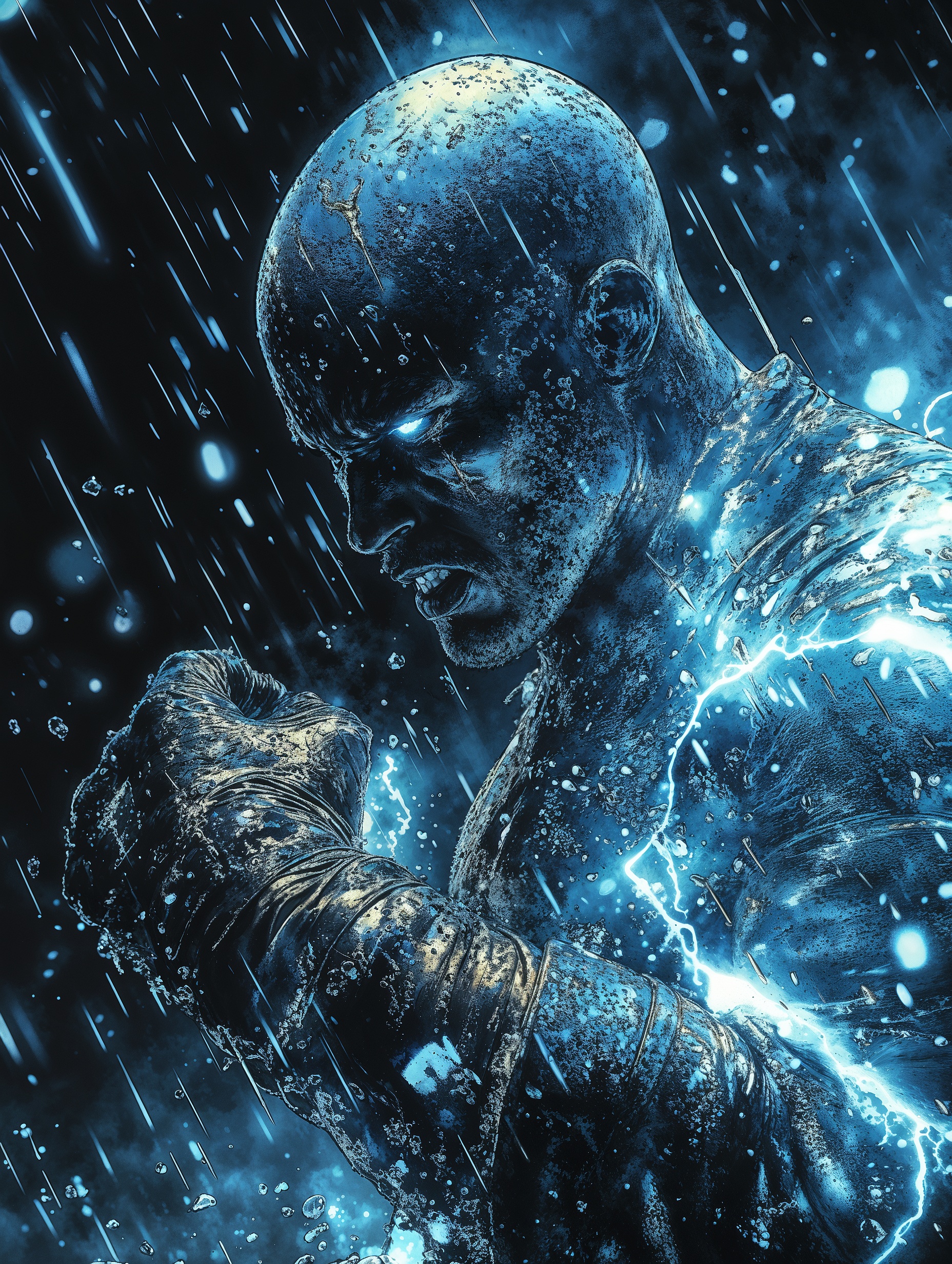 Digital artwork featuring a powerful, muscular figure with a bald head and glowing blue eyes, set against a dark, rainy background. The character's skin appears metallic and is illuminated by blue lightning that crackles around their body. The figure is depicted in a dynamic pose, with clenched fists and an intense expression, emphasizing strength and determination. The rain and lightning effects add a dramatic and electrifying atmosphere to the scene, highlighting the character's formidable presence.