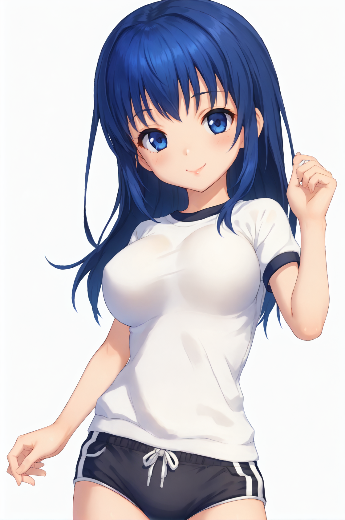 1girl, solo,
white background,
arinPangya, blue hair, blue eyes, long hair, bangs, large breasts, lips,
startSet, gym uniform, white shirt, black buruma, ankle socks, sandals,
standing,
smile,
upper body,
 <lora:arinPangyaPonyV1.1:0.95>