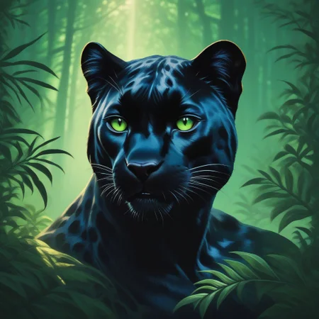 symphtia-style, masterpiece, best quality, absurdres, vibrant, highly detailed, very aesthetic, animal focus, black panther, pitch black fur, piercing green eyes, eye focus, forest background, (dappled sunlight:1.5)