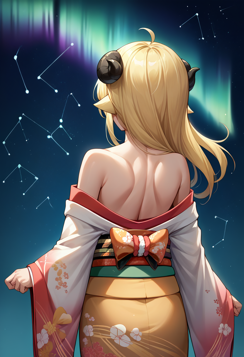 score_9, score_8_up, source_anime, 1girl, solo, TsunomakiWatame, horns, long hair, ahoge, aurora, back, bare back, bare shoulders, constellation, from behind, kimono, light particles, long sleeves, off shoulder, <lora:ChamTsunomakiWatamePonyXLV2:1>