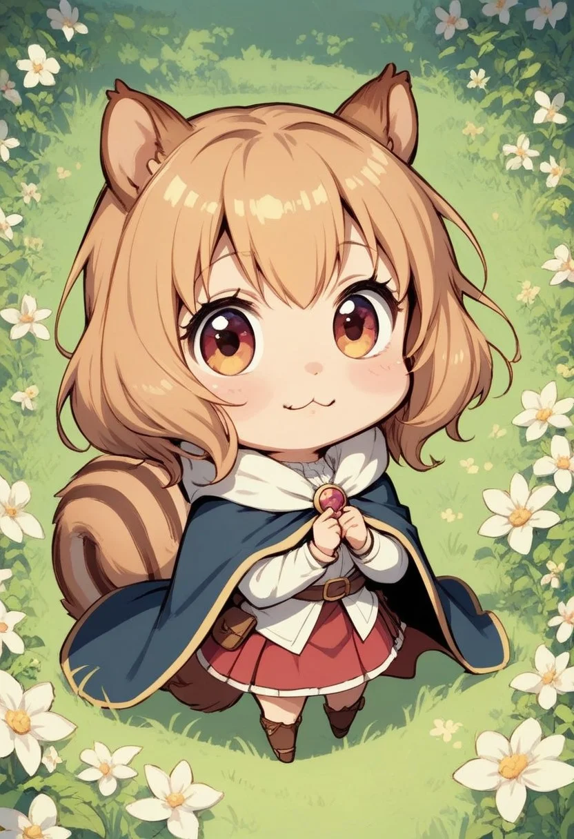 score_9, score_8_up, score_7_up, best quality, fine detail, cute, squirrel girl, chibi, sneaky, :<, meadow full of flowers, grass