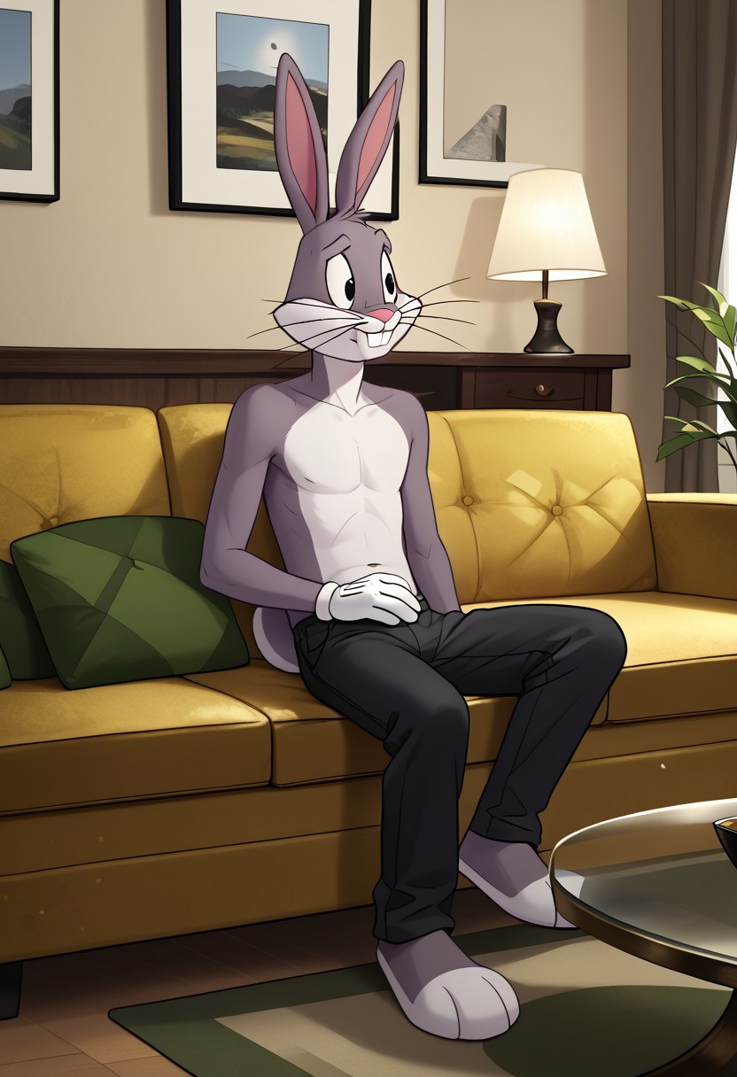 score_9_up, score_8_up, score_7_up, masterpiece, best quality, amazing quality, very aesthetic, absurdres, newest,  high quality, detailed, male, solo male, BugsBunny, 1boy, mature male, male, athletic build, rabbit, black eyes, grey fur, light underbelly, whiskers, sitting on couch, black pants, topless, modern living room, watching TV
