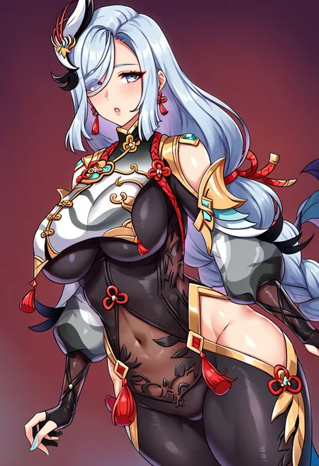 tall woman, shenhe, large breast, shenhe, blue eyes, braided ponytail, earrings, eyelashes, eyeliner, eyes visible through hair, eyeshadow, hair between eyes, makeup, red eyeshadow, sidelocks, single earring, symbol-shaped pupils, tassel, tassel earrings, white hair, long hair,arm support, bare shoulders, black bodysuit, black gloves, bodysuit, breast curtain, chinese knot, clothing cutout, covered navel, detached sleeves,gloves, gold trim, hip vent, jewelry, long sleeves, partially fingerless gloves, puffy detached sleeves, puffy long sleeves, puffy sleeves, shoulder cutout, side cutout,  stomach cutout, thigh cutout, white sleeves,
score_9, score_8_up, score_7_up, 
masterpiece, best quality, perfect, super performance, OverallDetail