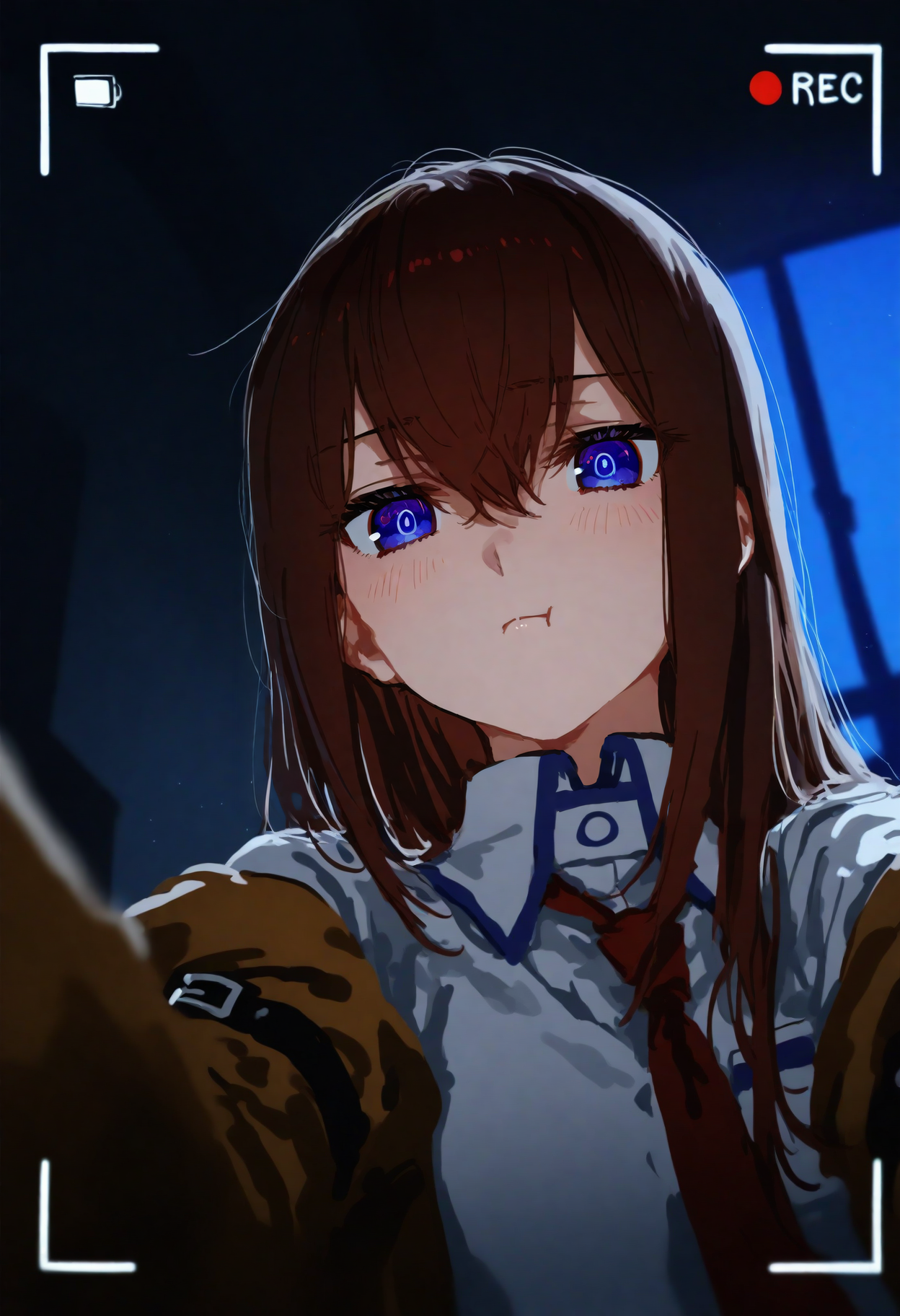 masterpiece, best quality, good quality, aruhshura,
steins;gate, makise kurisu, 1girl, arm strap, bangs, blue eyes, brown hair, brown jacket, closed mouth, collared shirt, depth of field, expressionless, eyebrows visible through hair, from below, hair between eyes, indoors, jacket, light blush, light particles, long hair, looking at viewer, necktie, off-shoulder jacket, off shoulder, reaching towards viewer, red necktie, shirt, solo, straight hair, upper body, white shirt, window, dim lighting, chiaroscuro, night, pout, (recording:1.1), from below, (camera hud:1.1),
<lora:ai_styles_collection_noob_vpred-1.0-v4.02:1>