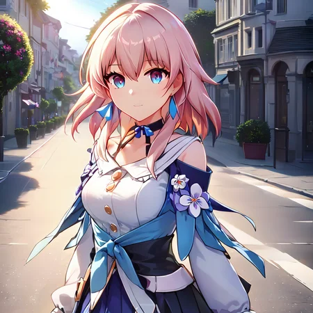 detailed anime style,a cute girl standing in a street,shining,shadows,upper body,bloom,march_7th_(HONKAI_STAR RAIL),<lora:march_7th_(HONKAI_STAR RAIL):1>,