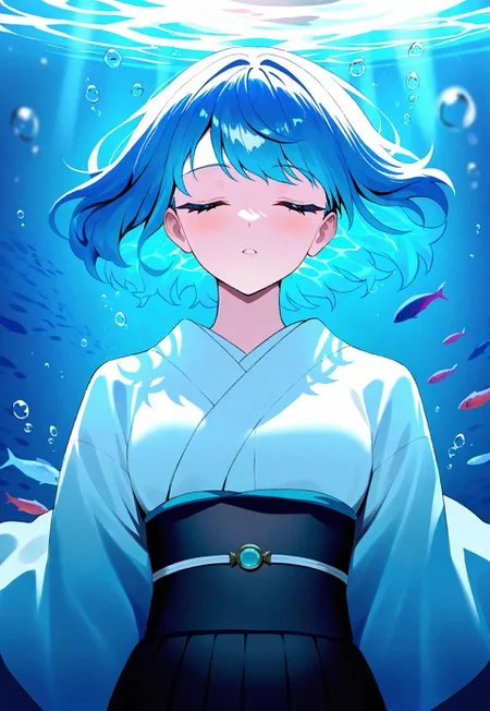 masterpiece, best quality, newest, absurdres, highres, Anime-style illustration featuring a young woman with blue hair, wearing a traditional white and black kimono. She is depicted underwater with her eyes closed, surrounded by bubbles and a small blue fish. The lighting creates a serene and ethereal atmosphere, with light filtering through the water from above. The background includes subtle details of underwater flora, adding to the tranquil scene.