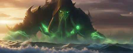 Cthulhu rising from the sea in a great storm World of Warcraft cinematic style <lora:SDXL-World-of-Warcraft-cinematic-style-Lora-r32:0.8>