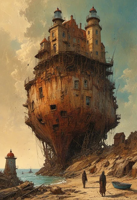 Dry riverbeds with rusting boats stand as silent monuments in a beautiful blonde, historic rendering of an old lighthouse, square spaceship , digital artwork by Beksinski, vibrant colors include cuware and births a house , the bridge cybergoth fashion dog accounts for a small part of the picture, Olivia De Berardinis style, alberto Vargas style, 8k. The composition includes overlapping circles, sharp-edged polygons, and fluid lines, all interwoven to create a sense of rhythm and flow.