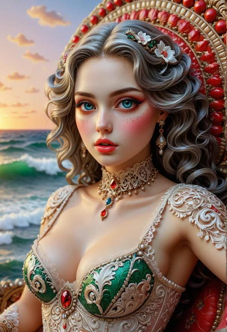 Crea una obra maestra, dibujo al carboncillo en blanco _y_negro, obra de arte barroco, en pergamino envejecido, sin marco, solo el pergamino envejecido, mujer joven y bonita, rostro perfecto, labios pintados de rojo, ojos verdes, muy hermoso, muy sentado bien en primer plano. Sobre un sillón barroco, siempre se encuentra fuera de una casa barroca en la playa. veleros barrocos al fondo, grandes olas en el mar, puesta de sol, ropa barroca, escote ancho, tetas grandes, labios bonitos y juveniles, siempre en primer plano, <lora:detailed_notrigger:0.777> <lora:DetailedEyes_V3:0.777> <lora:helios2:0.3> <lora:ral-colorswirl:0.3> ral-colorswirl <lora:FILM_PHOTOGRAPHY_STYLE:0.5> film photography style, light grain