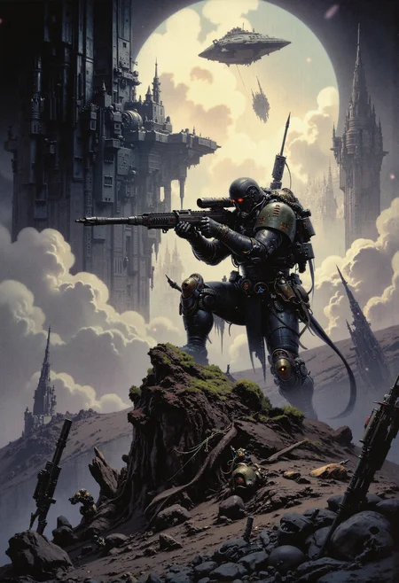 analog film photo . Frank Frazetta fantasy oil painting (art by Zdzislaw Beksinski:2), a hero squad, defense line, bridgehead, securing the area. giant weapons, taking aim, ready to shot. on a hill, space dropship. grimdark, mythp0rt, FredFraiStyle <lora:- Flux1 - vanta_black_V1.0.safetensors:0.5>, <lora:FluxMythP0rtr4itStyle.safetensors:0.76>, <lora:FredFraiStyle-FLUX-Share.safetensors:0.75>, <lora:Warhammer_Rogue_Trader_Style_flux-000021.safetensors:0.5>, <lora:ARTifacts.safetensors:0.5>, <lora:Movie_Portrait.safetensors:0.5>, <lora:m100-style_v.02.safetensors:0.25>, <lora:frazetta_flux_v2-000150.safetensors:0.5>, . faded film, desaturated, 35mm photo, grainy, vignette, vintage, Kodachrome, Lomography, stained, highly detailed, found footage