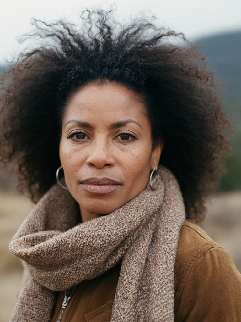 a 45yr old Afro-Latino women, (winter day|wilderness) background, RAW photo, editorial photograph, film stock photograph, cinematic, (tired), Intricate, Freckles, soft focus. 8k, highly detailed, detailed skin texture, natural skin texture, detailed cloth texture, perfect eyes, detailed eyes, (high quality, best quality:1.3), Extremely high-resolution, amateur photo, Fujifilm Superia Premium 400, Nikon D850 film stock photograph Kodak Portra 400 camera f1.6 lens, 8k, UHD