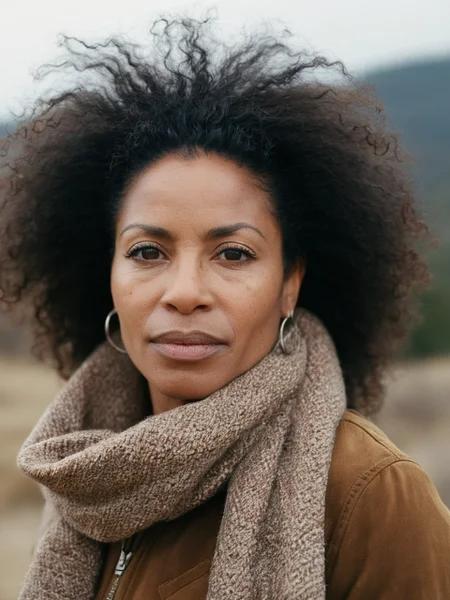 a 45yr old Afro-Latino women, (winter day|wilderness) background, RAW photo, editorial photograph, film stock photograph, cinematic, (tired), Intricate, Freckles, soft focus. 8k, highly detailed, detailed skin texture, natural skin texture, detailed cloth texture, perfect eyes, detailed eyes, (high quality, best quality:1.3), Extremely high-resolution, amateur photo, Fujifilm Superia Premium 400, Nikon D850 film stock photograph Kodak Portra 400 camera f1.6 lens, 8k, UHD