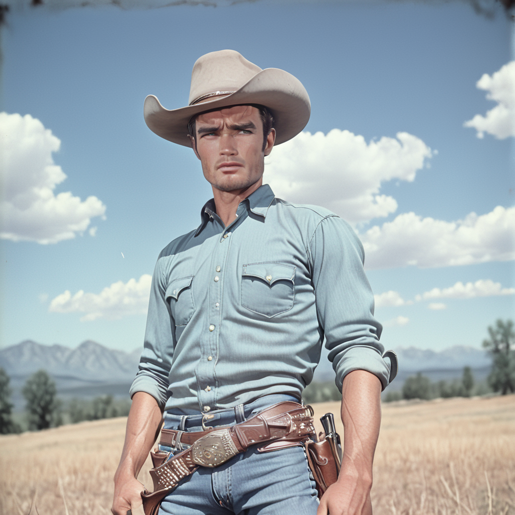 <lora:50sPanavisionMovieSDXL:1> ArsMovieStill, Movie Still From Colored 1950s Super Panavision 70 Movie, The image shows a man in a cowboy hat standing in a field holding a gun in his hand. He is wearing a shirt jeans and a belt and in the background there are trees mountains and clouds in the sky., 1boy, male focus, cowboy hat, solo, outdoors, hat, shirt, facial hair, gun, day