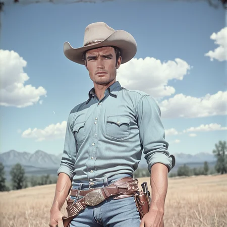 <lora:50sPanavisionMovieSDXL:1> ArsMovieStill, Movie Still From Colored 1950s Super Panavision 70 Movie, The image shows a man in a cowboy hat standing in a field holding a gun in his hand. He is wearing a shirt jeans and a belt and in the background there are trees mountains and clouds in the sky., 1boy, male focus, cowboy hat, solo, outdoors, hat, shirt, facial hair, gun, day