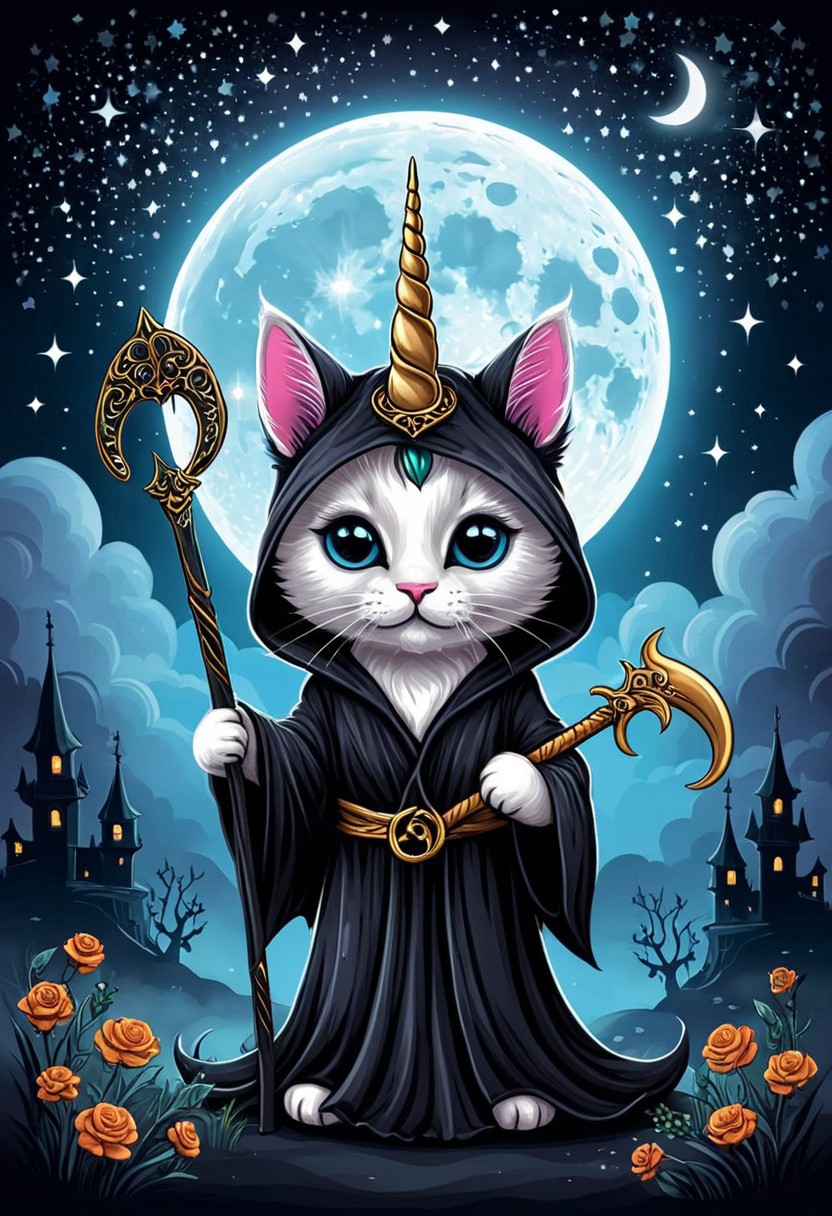 Let's craft a striking and unique t-shirt design featuring a unicorn kitten donning an eerie reaper costume, blending cuteness with a touch of mystique. Envision a fluffy, adorable kitten with a shimmering unicorn horn protruding from its forehead, embodying a sense of innocence and wonder. The kitten is cloaked in a flowing, dark robe reminiscent of the iconic reaper's attire, adorned with intricate, ethereal designs that catch the light in subtle, eerie ways. Its eyes gleam with a hint of otherworldly wisdom, contrasting with its playful, feline features. Tiny, delicate reaper's scythe motifs adorn the robe, adding a sinister yet charming element to the design. The background sets a haunting yet enchanting scene, with a moonlit sky swirling with mystical clouds and twinkling stars, casting an atmospheric glow. This captivating blend of cute and ominous elements creates a captivating t-shirt design that is sure to turn heads and spark intrigue.