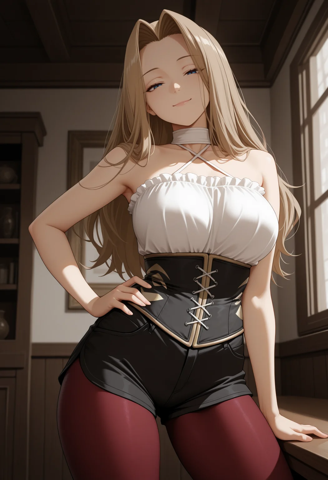 masterpiece, best quality, 1girl, solo, Meth0de, light brown hair, blue eyes, long hair, hair intakes, parted bangs, criss-cross halter, white shirt, sleeveless, bare shoulders, corset, black shorts, red pantyhose, hand on hip, contrapposto, indoors, looking at viewer, head tilt, smile, half-closed eyes, <lora:ChamMethodeNoob:1>