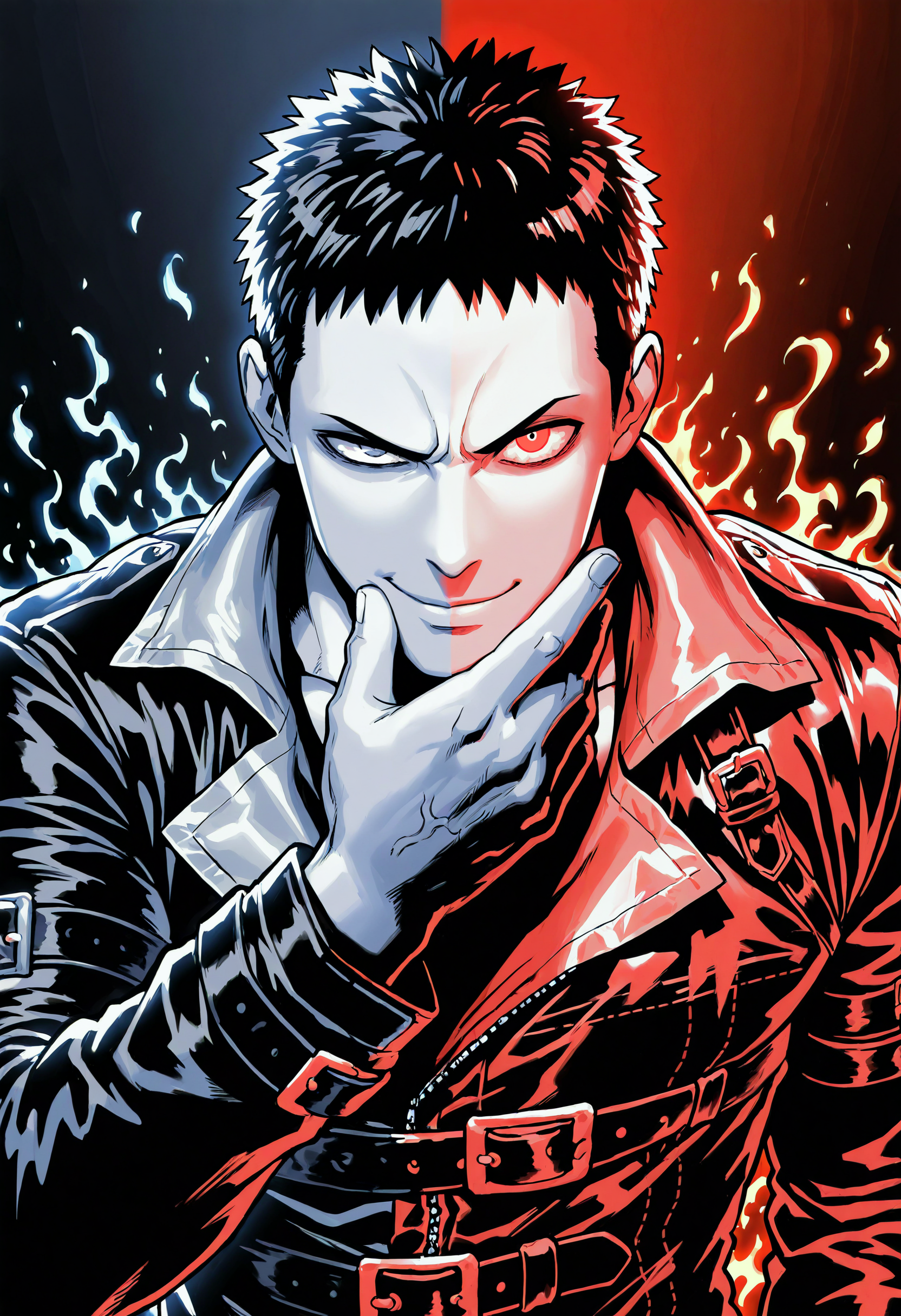 masterpiece, best quality, newest, absurdres, highres, very awa, 1boy, male, male focus, zombieman, solo, bara, limited palette, polar opposites, split theme, contrast, smile, angry, red theme, black theme
