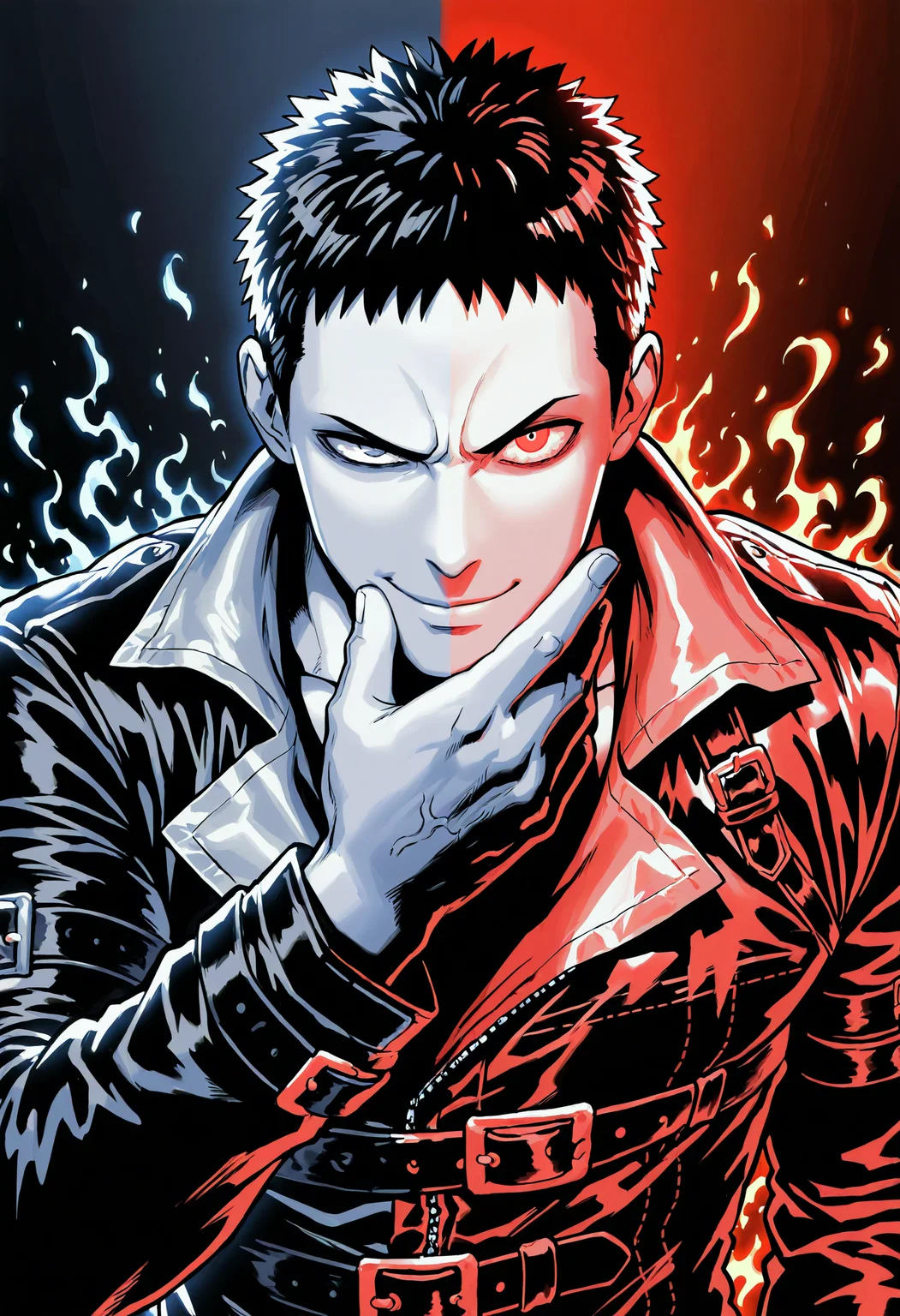 masterpiece, best quality, newest, absurdres, highres, very awa, 1boy, male, male focus, zombieman, solo, bara, limited palette, polar opposites, split theme, contrast, smile, angry, red theme, black theme