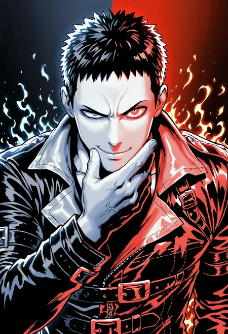 masterpiece, best quality, newest, absurdres, highres, very awa, 1boy, male, male focus, zombieman, solo, bara, limited palette, polar opposites, split theme, contrast, smile, angry, red theme, black theme