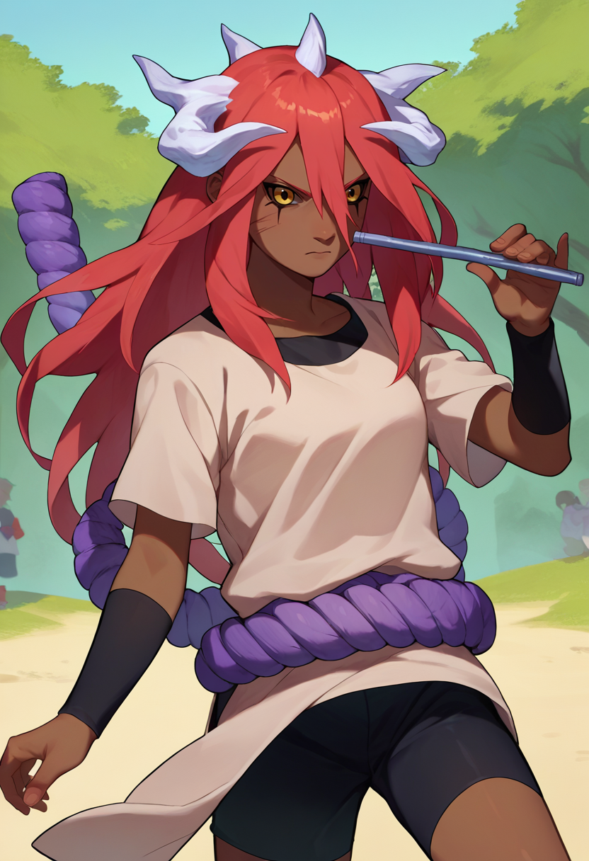score_9, score_8_up, score_7_up, source_anime,  <lora:Tayuya-000011:1> tayuya, red hair, long hair, yellow eyes, dark skin,  tan tunic, purple rope belt, black shorts, arm warmers, white horns, outdoors, holding flute,
