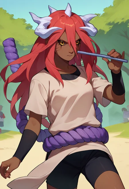 score_9, score_8_up, score_7_up, source_anime, <lora:Tayuya-000011:1> tayuya, red hair, long hair, yellow eyes, dark skin, tan tunic, purple rope belt, black shorts, arm warmers, white horns, outdoors, holding flute,