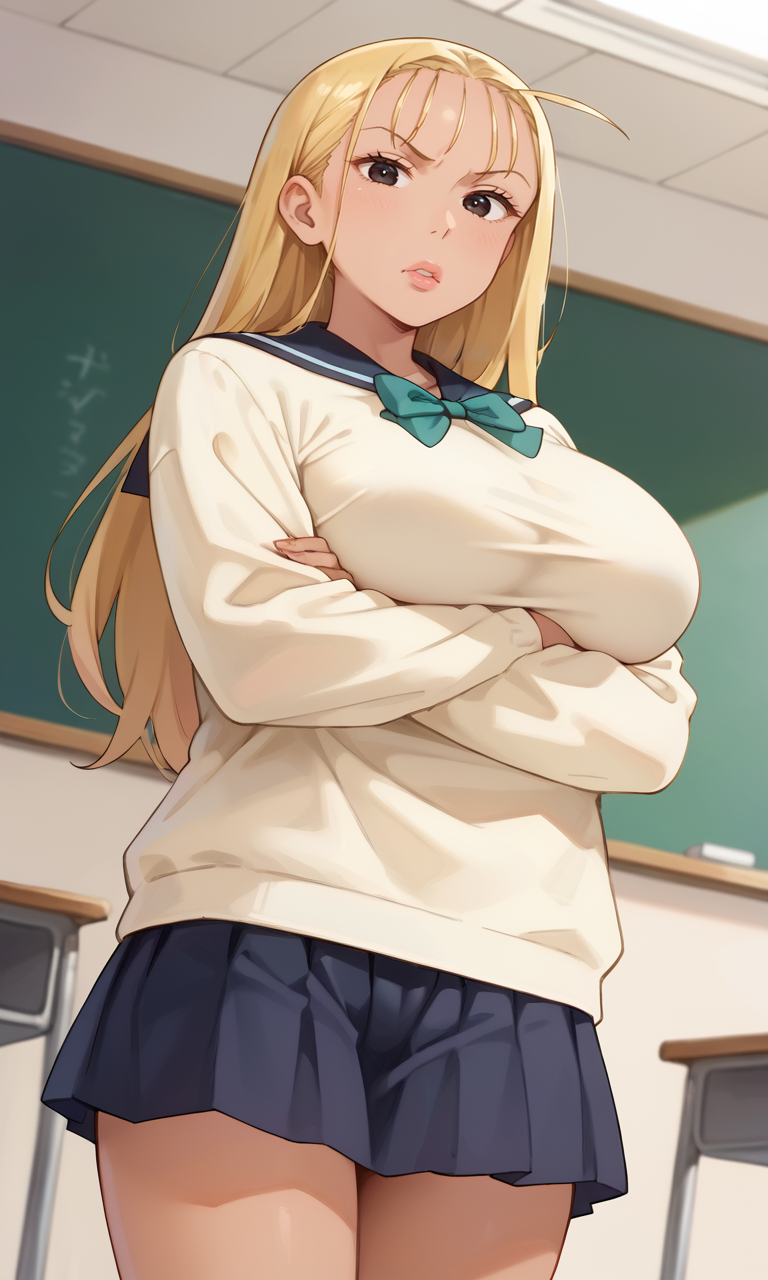 (1girl:1.5), (solo:1.3), (score_9, score_8_up, score_7_up, score_6_up, score_5_up, score_4_up), (source_anime), rating_questionable, (upper body:1.3), indoors, classroom, 
 (yellow sweater, oversized clothes, long sleeves, blue sailor collar, green bowtie, blue skirt, pleated skirt, miniskirt, white socks, black footwear), (large breasts), <lora:mari-classmate-yellow_v1:0.7> (mari-classmate-yellow), (dark skin:1.3), (black eyes, eyelashes, blonde hair, long hair, hair slicked back, wispy bangs, forehead, pink thick lips, big lips, frown, angry), huge breasts,  looking looking at viewer, 
 crossed arms, cross arms in front, under breasts,   from below