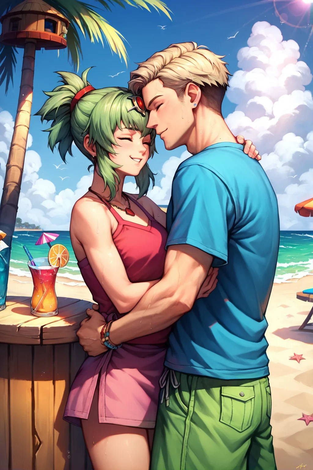 (zPDXL), zPDXLpg, portrait of 1boy 1girl hugging, beach party, tiki hut, bar, towels, palm trees, ocean waves, cloudy sky