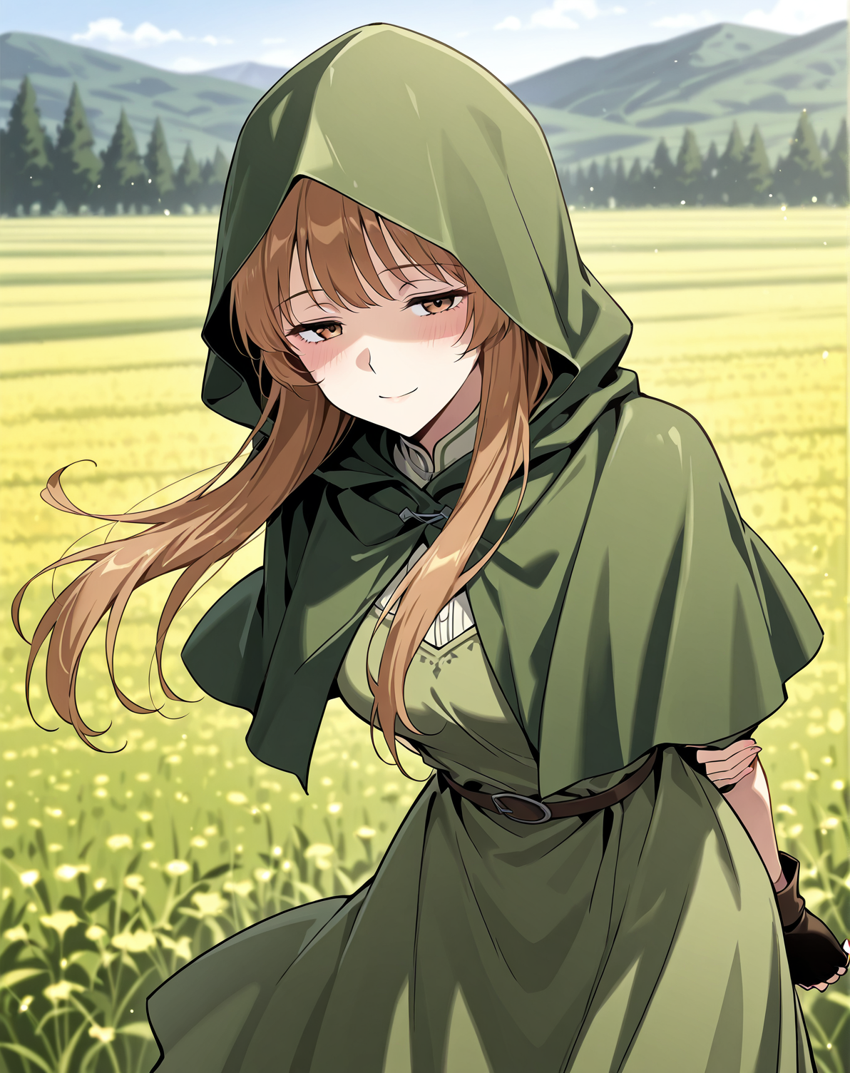 <lora:Demera illumi:1>
1 girl, solo, long hair, brown hair, bangs, brown eyes
green dress, bracelete, hood, hood up, cloak, hooded cloak, fingerless gloves
score_9, score_8_up, score_7_up, very aesthetic, source_anime, detailed, high quality, beautiful, masterpiece, detailed eyes, field, blurry background, pose dynamic angle, upper body, cowboy shot, light smile, floating hair, half-closed eyes, hands behind back, leaning forward, looking forward, looking at viewer