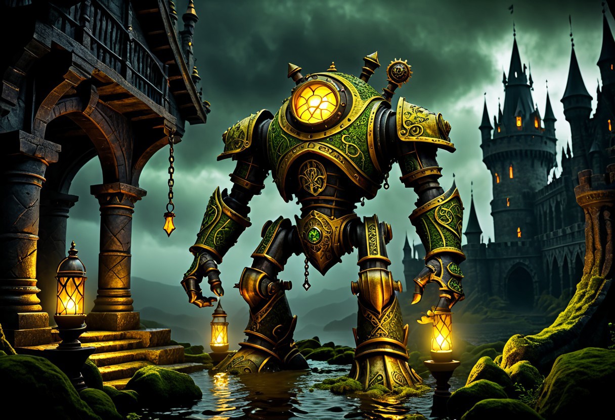 giant bipedal robot dirty yellow and dark green, bronze paisley robot. lacy robot metal lava lamp head. outside of a steampunk keep. large detailed torso. dark image. one forty foot tall ancient robot with great arms and two heavy spring legs. dark foggy night background. $dark foggy night image only. dark photo realistic image. steampunk details. cogs, chains and pipes incorporated in the fantasy buildings. magic wizards tower in background. Dark swamp, moss, castle ruins, wizards tower. stormy dark night.  stormy sky.