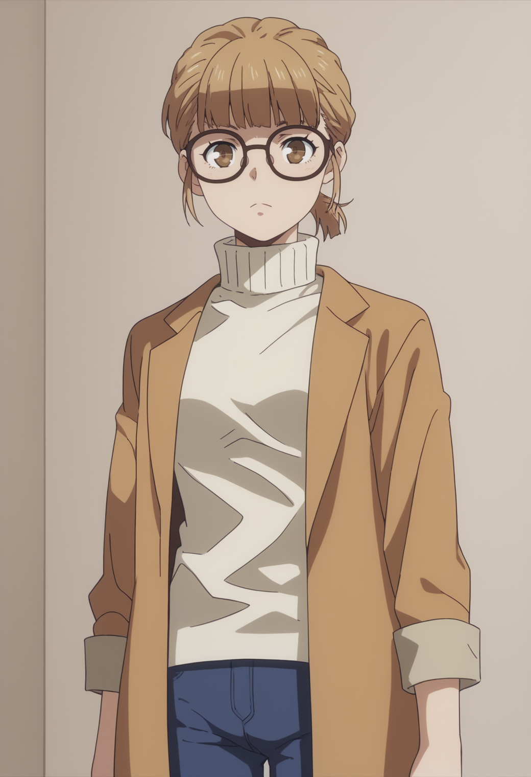 score_9, score_8_up, score_7_up, source_anime,  BREAK, 1girl, solo,  <lora:DX888AmamiyaChicory:1> monki chicory, brown hair,brown eyes,  short ponytail, turtleneck sweater, coat, glasses, pants,