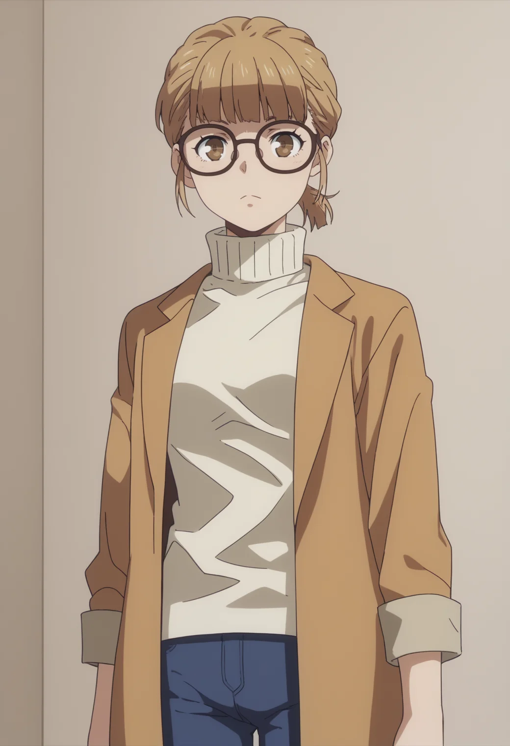 score_9, score_8_up, score_7_up, source_anime, BREAK, 1girl, solo, <lora:DX888AmamiyaChicory:1> monki chicory, brown hair,brown eyes, short ponytail, turtleneck sweater, coat, glasses, pants,
