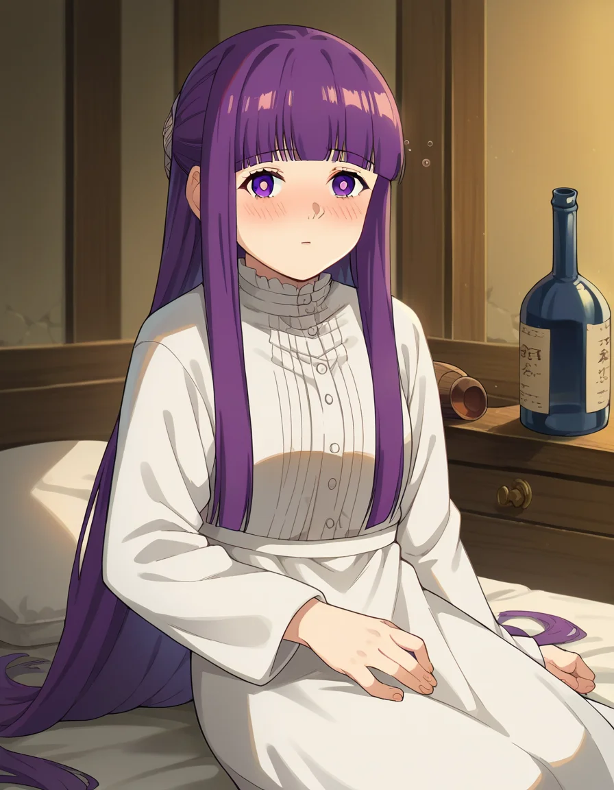 score_9, score_8_up, score_7_up, source_anime,
fern, <lora:fern-s1-ponyxl-lora-nochekaiser:1>,
fern, long hair, bangs, purple eyes, purple hair, sidelocks, blunt bangs, bright pupils, half updo,
long sleeves, dress, white dress, long dress,
indoors, bed, bed room, on side, blush, drunk,
looking at viewer, cowboy shot, dutch angle,